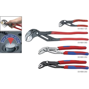 KNIPEX 551664400 Vízpumpafogó, Cobra, polírozott, egykezes beállítással és műanyaggal bevont markolattal, XL/XXL