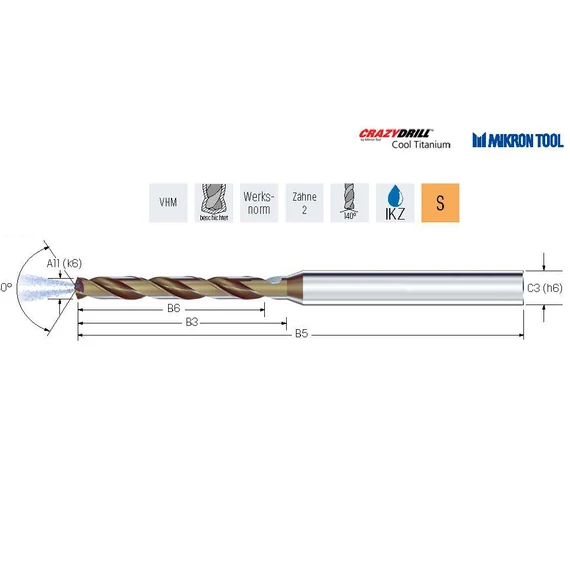 Mikrofúrószárak tömör keményfém 6xd titán CD Cool Ti PTC 4,40 mm, mikron