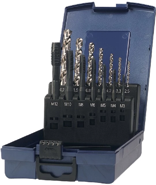 PRETEC 137980 M3-M12 Gépi menetfúró, HSS-Co készlet magfuratfúróval