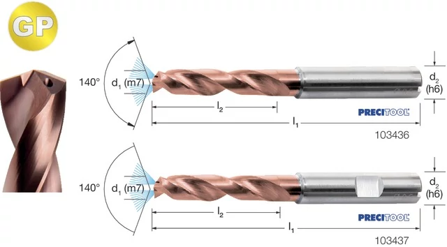 PREMUS 103436 7,45 Nagyteljesítményű fúró-GP, Tömör keményfém, TiAlN, HA száralak, 3 × D, belső hűtéssel